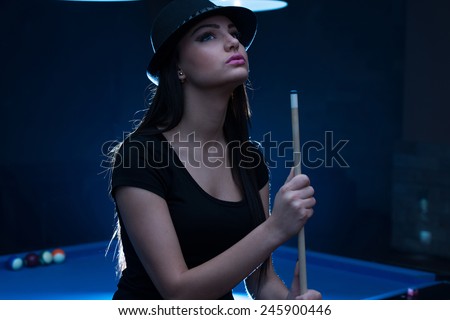 Young Woman Looking Confused Lost Her Billiard Game