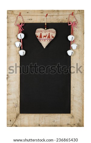 Merry Christmas and Happy New Years chalkboard blackboard tin bells and heart decoration restaurant vintage menu design on painted reclaimed wooden frame isolated on white with copy space