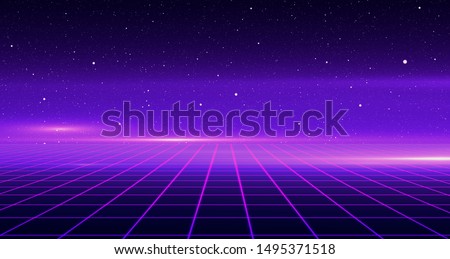 Retro Sci-Fi Background Futuristic Grid landscape of the 80`s. Digital Cyber Surface. Suitable for design in the style of the 1980`s. 3D illustration Сток-фото © 