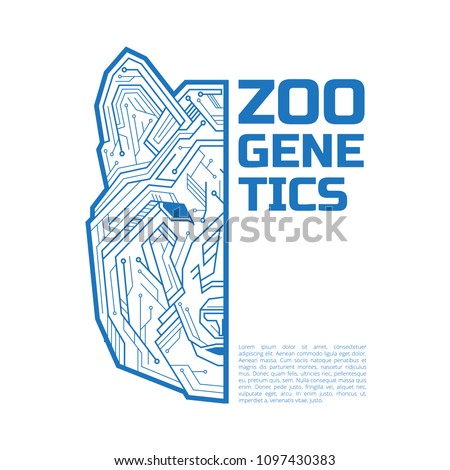 Zoo genetics logo. A half of a dog, coyote or wolf head consisting of microelectronic circuits and dots. Vector illustration isolated on white background. Perfect to use in advertising or web design