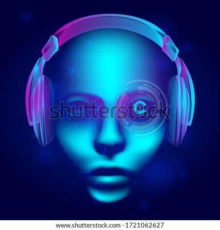 Neon cyber dj or robot head with outline electronic headphones wireframe. Artificial intelligence vector illustration with abstract human face in technology line art style on dark blue background