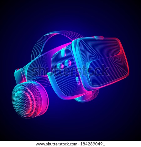 Virtual reality headset. Abstract VR helmet with glasses and headphones. Outline vector illustration of Augmented reality future technology concept in 3d line art style on neon abstract background