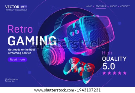 Retro gaming streaming service landing page template with VR helmet and gamepad. Outline vector illustration of headset and joystick in 3d neon line art style on abstract background