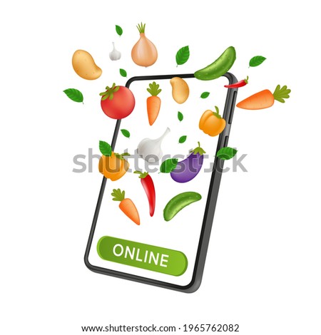 Fresh Farm grocery market. Food service online order and Delivery. Mobile smartphone with natural vegetables and a click button on the screen. Vector illustration isolated on a white background