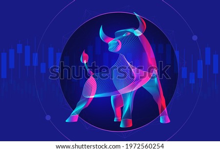 Trading and finance investment strategy concept with abstract bullish silhouette and candlestick chart on a background. Vector illustration of a standing neon bull with growing stock market diagram