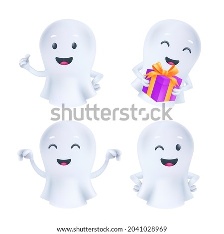 Funny Halloween ghost in various poses and facial emotions. Friendly phantom icons. 3D characters vector set of a cute white soul in a white textile cloth isolated on a light background