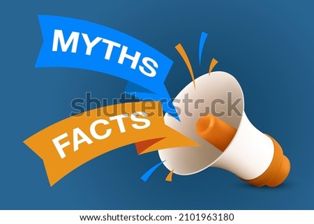 Loudspeaker with myths and facts tags. 3D illustration of megaphone or hand speaker with flying ribbons. Bullhorn emblem or icon. Vector banner template with a realistic mouthpiece and speech bubbles Foto d'archivio © 