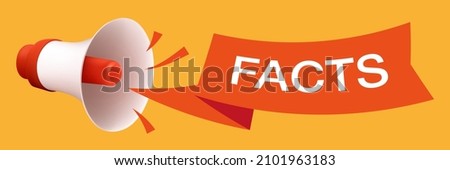 Megaphone with a facts tag or label. 3D illustration of mouthpiece or hand speaker with flying ribbon. Bullhorn emblem or icon. Horizontal vector banner with a realistic loudspeaker and speech bubble Foto d'archivio © 