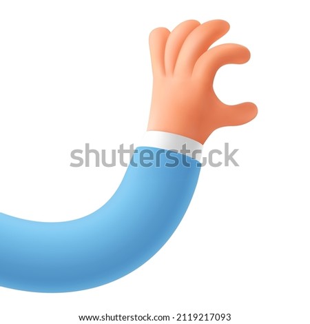 3D render of a cartoon character hand. Elastic hand holding gesture with an empty space between fingers. Realistic vector icon template in a modern design style isolated on a white background