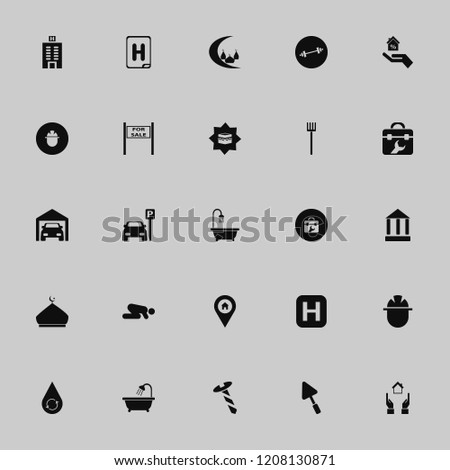 building icon. building vector icons set private garage, hospital sign, trowel and house location