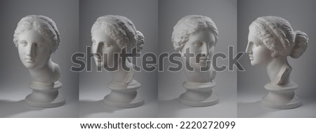 Four versions of a copy of the plaster ancient Greek bust of Aphrodite on a light gray background Stok fotoğraf © 