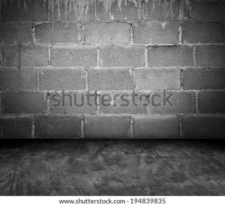 Cement block wall and cement floor room in perspective, dark tone.