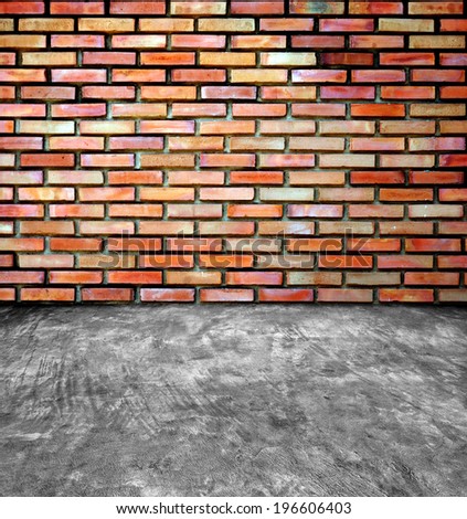 Empty colorful brick wall and gray cement floor perspective room.