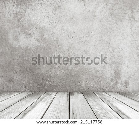 Gray cement wall and vintage wooden floor, perspective view, grunge background, template, display
