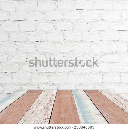 Empty vintage wood table over white brick wall, vintage, background, template, display