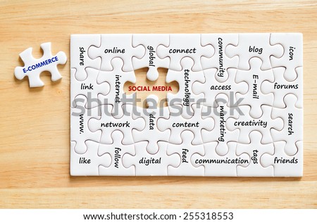 E-commerce and social media words on jigsaw puzzle background, success in business concept