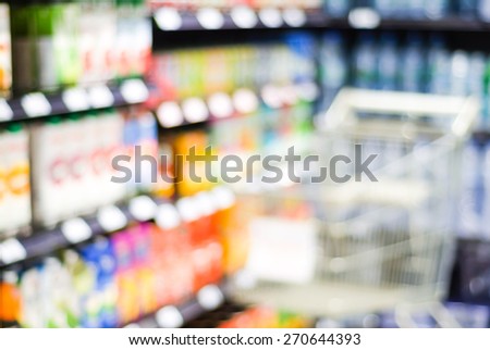 Supermarket blur background with bokeh light ,Product shelf and cart