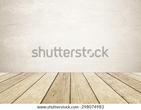 Brown grunge cement wall and perspective vintage wood background, product display, template, room, table.