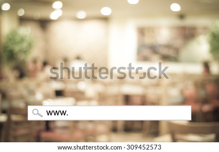 Word www. written on search bar over blur restaurant background, web banner, restaurant reservation, food online, food delivery concept