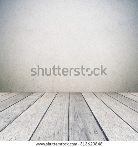 Empty cement wall and wooden floor room in perspective view, grunge background, interior design, product display montage, vintage style