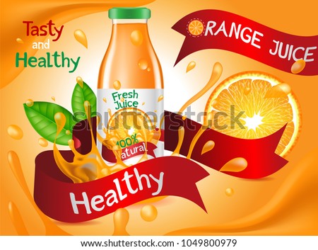 Orange Juice Ads Poster, Glass Beverage Bottle Filled with Natural Fresh Juice and Splashing, Package Design Advertising Template, Promotion Banner, Mockup for Your Brand, Hand Drawn, 3D Illustration