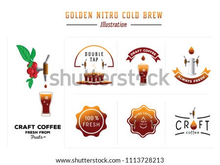golden nitro cold brew coffee vector illustration with cheery fruts,glass,tap and drop element