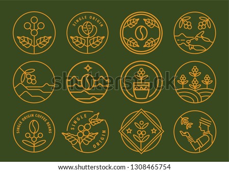 premium single origin line badge design set vector illustration with coffee fruit,leaf,farmer and cup.