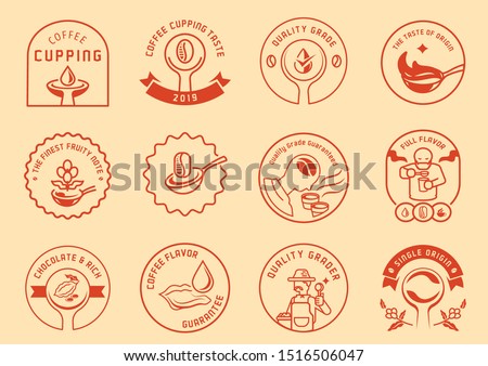coffee cupping logo badge design with man sib coffee,spoon of coffee,tongue tasting coffee drop and  local farmmer with spoon vector illustration.