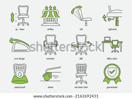 office chair function line icon set with up-down, airflow, net bak, wheel and guaranteed.