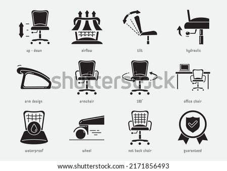 office chair function glyph icon set with up-down, airflow, net bak, wheel and guaranteed.