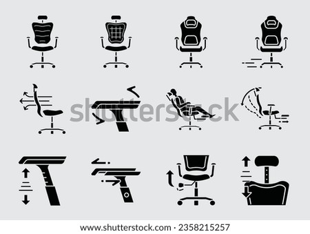 high backrest office chair function icon set with ergonomic benefits such as adjusttable backrest, headrest, armrest for working and gaming.