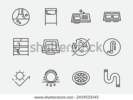 sink icon set with material and benefits of stainless steel table for dish washing designing in line illustration icon.