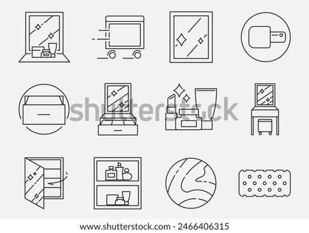 mirror desk icon set designed in line icon style with benefits of large size mirror and material such as wooden and sponge.