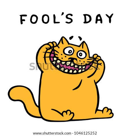 Cute fat orange cat makes a funny face. April holiday is a fool's day. Vector Illustration.