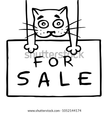 Cute cat is holding a sign for sale. Contour freehand digital drawing. Vector illustration.
