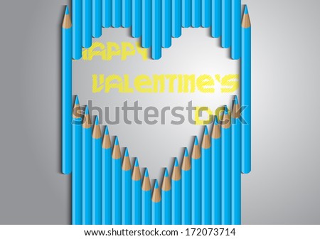 Heart of blue pencils on a gray background with the words Happy Valentine\'s Day