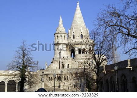 Fisherman\'s Bastion towers in Budapest, Hungary on a clear, sunny, winter day with a bright blue sky background. / Fisherman\'s Bastion Budapest, Hungary.