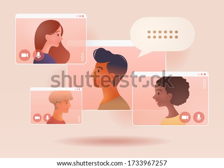 Video conference call of a business group meeting. Remote work. Work from Home, Online webinar. Social distancing. Online technology concept vector illustration.