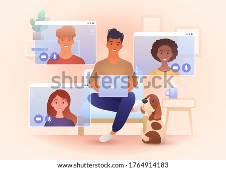 Group for young smile people video call in their own home office. Online friends meeting, Work from Home, Remote work, teleconference, New normal. Conceptual vector illustration.