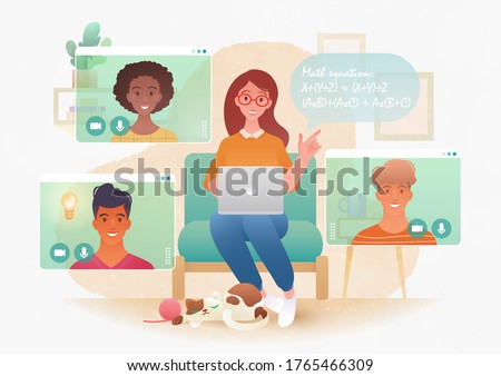 Flat cartoon character of young female teacher teaching her college students via video call app on a laptop computer. Online class meeting. New normal. E-learning concept vector illustration.