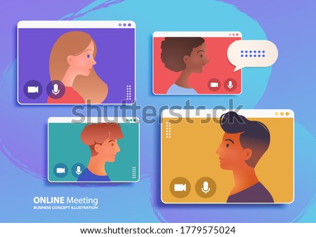 Video conference call of a business group meeting. Work from Home, Online webinar. Technology concept vector illustration.