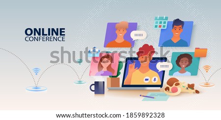 Virtual online meeting via video conference banner. Using laptop computer chatting with colleagues online in cozy home office with cat, coffee and plant. Vector illustration