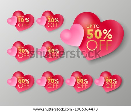 50% off sale tags. Set of 10% through 90% off 3d Pink heart balloon labels for sale promotional marketing. Vector illustration.
