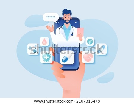 Telemedicine concept vector illustration. Consulting doctor using online technology through smartphone app is in a palm of your hand.