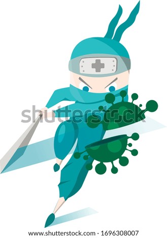 Cute doctor ninja fight corona virus. Fight against green virus. medical vaccine.
Concept of ninja doctor 