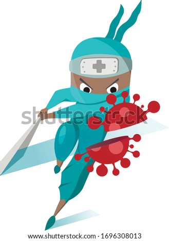 Cute afro doctor ninja fight corona virus. Fight against red virus. medical vaccine.
Concept of ninja doctor 