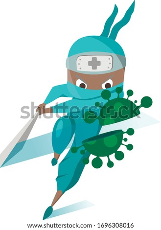 Cute afro doctor ninja fight corona virus. Fight against green virus. medical vaccine.
Concept of ninja doctor 