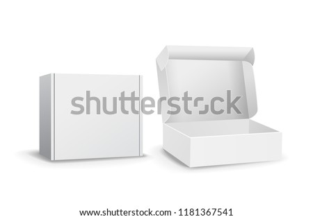 Set of small white cardboard boxes mockups. Template for product packaging. Opened box or closed. Vector illustration