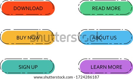 Set of round light colorful web buttons with hand drawn outline for internet store design. Vector solid website design elements with a black strock outside.
