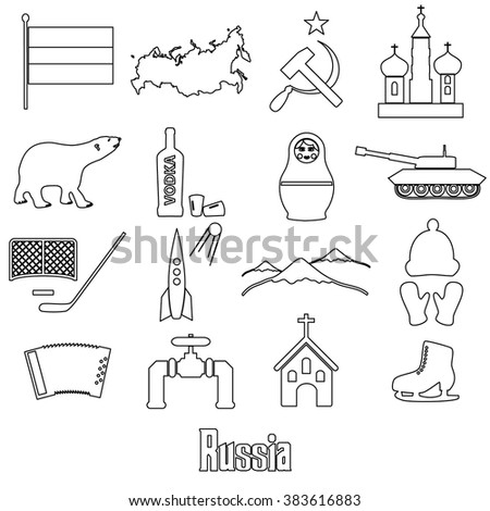 Russia country theme outline symbols icons set eps10